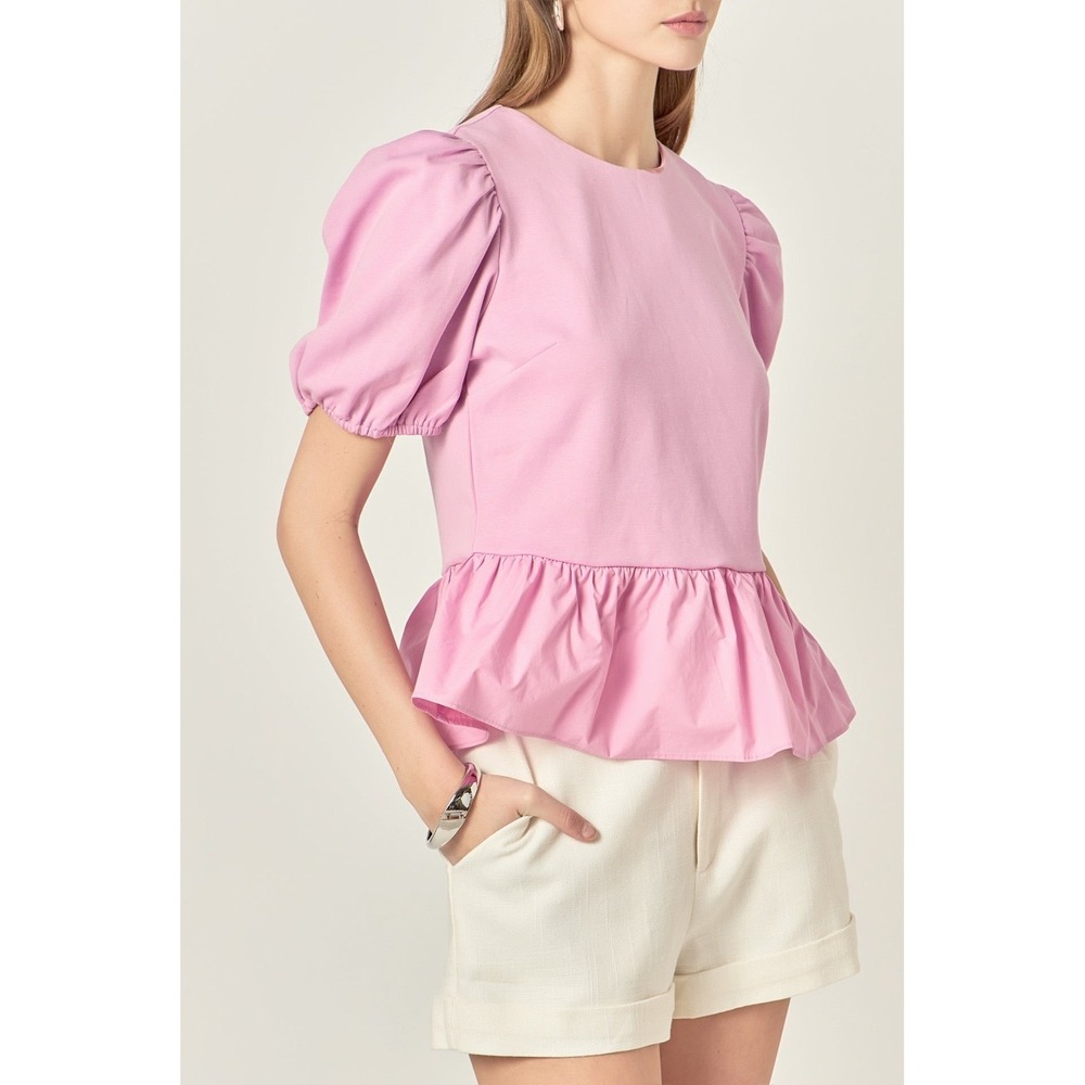 English Factory Pink Lavender Puff Sleeve Peplum Mixed Media Bubble Top XS